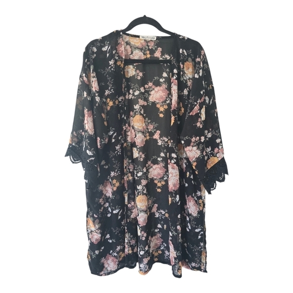 Walflower Floral Kimono Women XL Sheer Lace Sleeve Slit Flowy Beach Fairgrunge - Picture 1 of 13